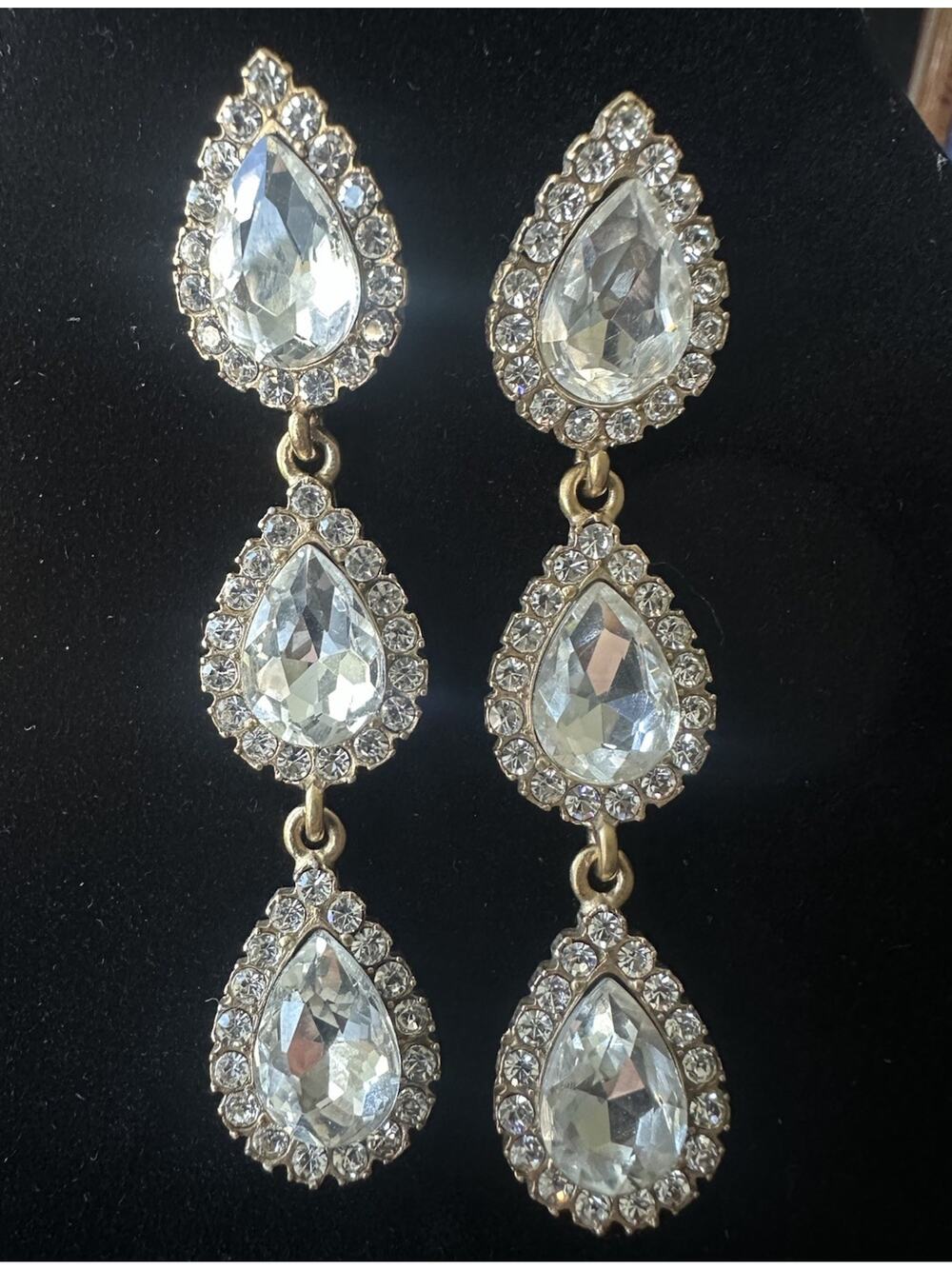 Loren Hope Triple Drop Earrings Clear Crystal Gold Tone 3in Dangle